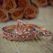 2 carat Morganite and Diamond Trio Ring Set in 10k Rose Gold Engagement Ring with two matching bands