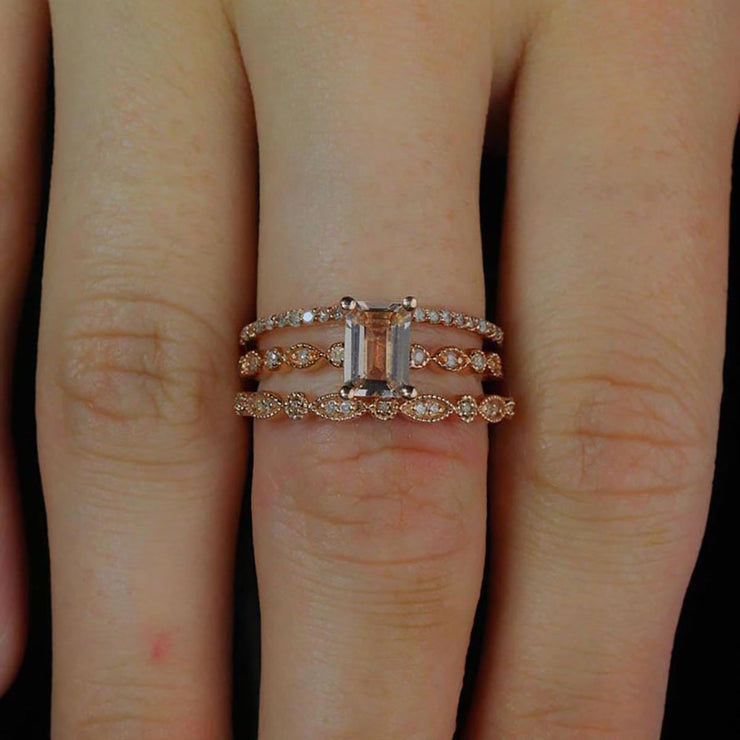 2 carat Morganite and Diamond Trio Ring Set Engagement Ring with two matching bands