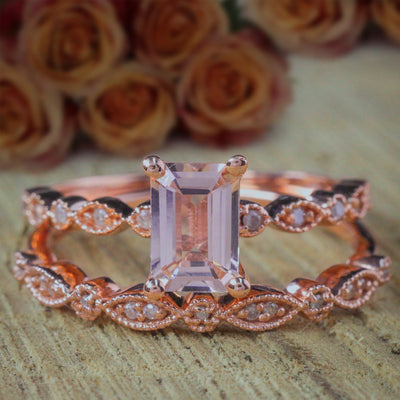 1.50 carat Emerald Cut Morganite and Diamond Bridal Ring Set Engagement ring set in 10k Rose Gold