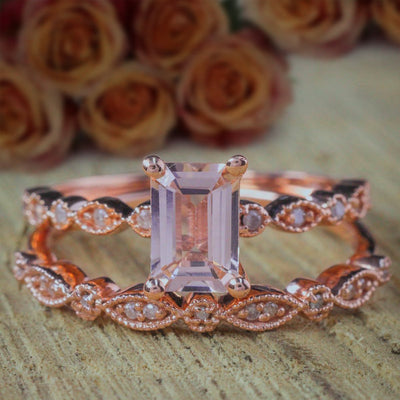 1.50 carat Emerald Cut Morganite and Diamond Bridal Ring Set Engagement ring set 