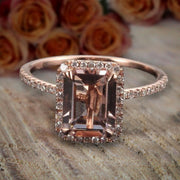 Limited Time Sale 1.50 Carat Emerald Cut Morganite and Diamond Halo Engagement Ring in 10k Rose Gold