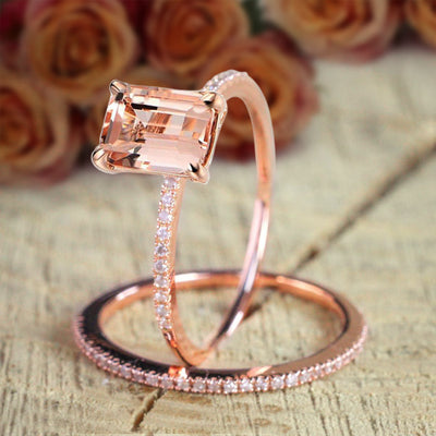 Huge Sale 1.50 carat Emerald Cut Morganite Diamond Bridal Wedding Ring Set in 10k Rose Gold 