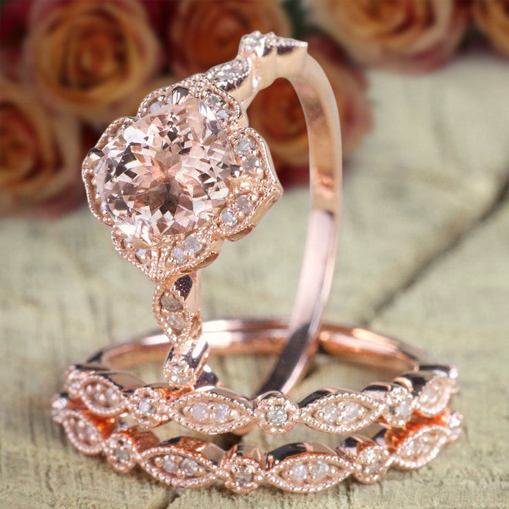 2.25 carat Morganite Diamond Trio Bridal Ring Set 10k Rose Gold, 1 Engagement Ring 2 Wedding Bands