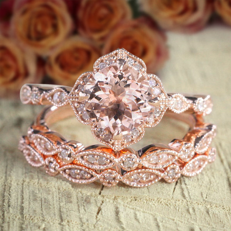 2.25 carat Morganite Diamond Trio Bridal Ring Set 10k Rose Gold, 1 Engagement Ring 2 Wedding Bands