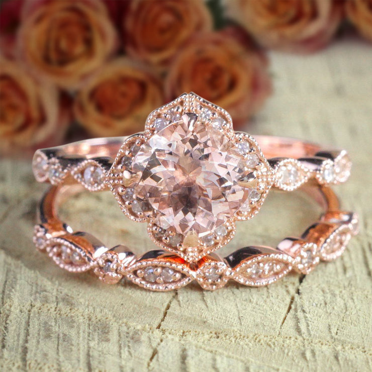 Limited Time Sale 2 carat Round Cut Morganite and Diamond Halo Bridal Wedding Ring Set 10k Rose Gold