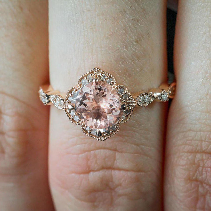 Antique Design 1.25 Carat Peach Pink Morganite and Diamond Engagement Ring in 10k Rose Gold Jewelry