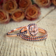 2 carat Round Cut Morganite and Black Diamond Trio Wedding Set Bridal Ring Set in 10k Rose Gold