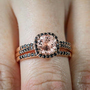 2 carat Round Cut Morganite and Black Diamond Trio Wedding Set Bridal Ring Set 