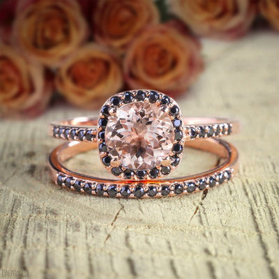 1.50 Carat Peach Pink Morganite and Black Diamond Engagement Bridal Wedding Ring Set 