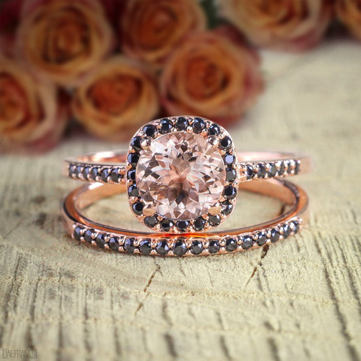 Peach-Pink Morganite Engagement & Wedding Ring Set 14k Rose