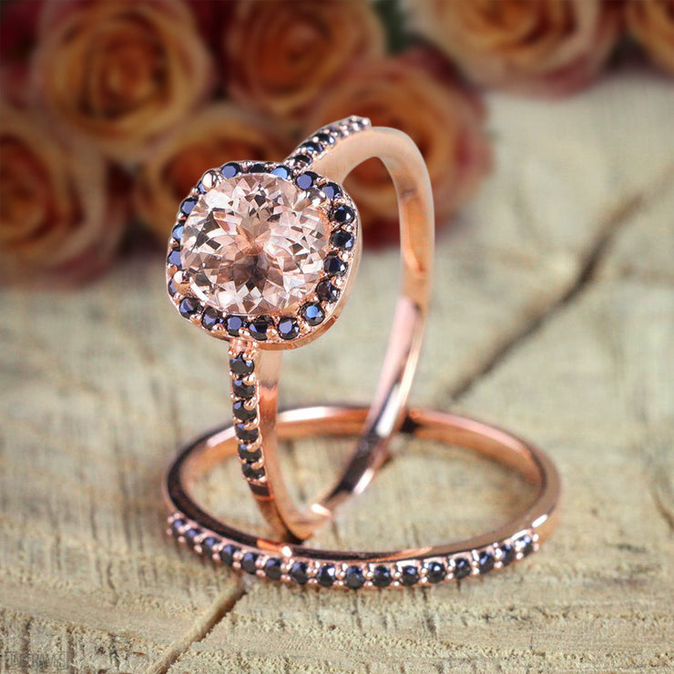 1.50 Carat Peach Pink Morganite and Black Diamond Engagement Bridal Wedding Ring Set 10k Rose Gold