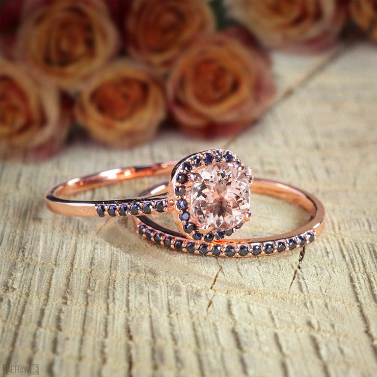 1.50 Carat Peach Pink Morganite and Black Diamond Engagement Bridal Wedding Ring Set 10k Rose Gold