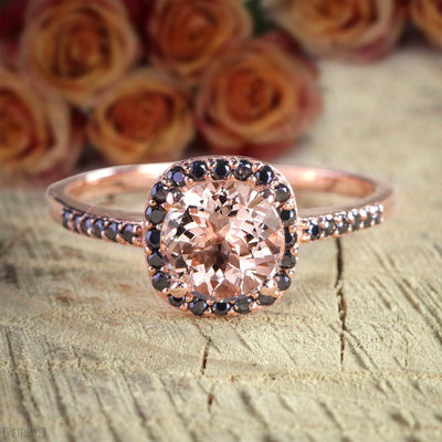 Limited Time Sale: 1.25 Carat Round Cut Morganite and Black Diamond Engagement Ring 