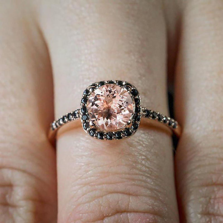 Limited Time Sale: 1.25 Carat Round Cut Morganite and Black Diamond Engagement Ring in 10k Rose Gold