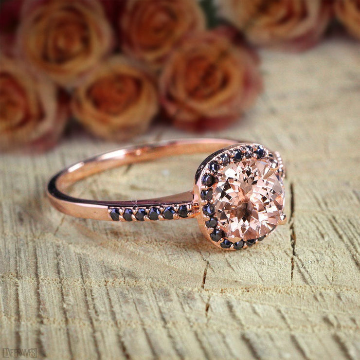 Limited Time Sale: 1.25 Carat Round Cut Morganite and Black Diamond Engagement Ring 