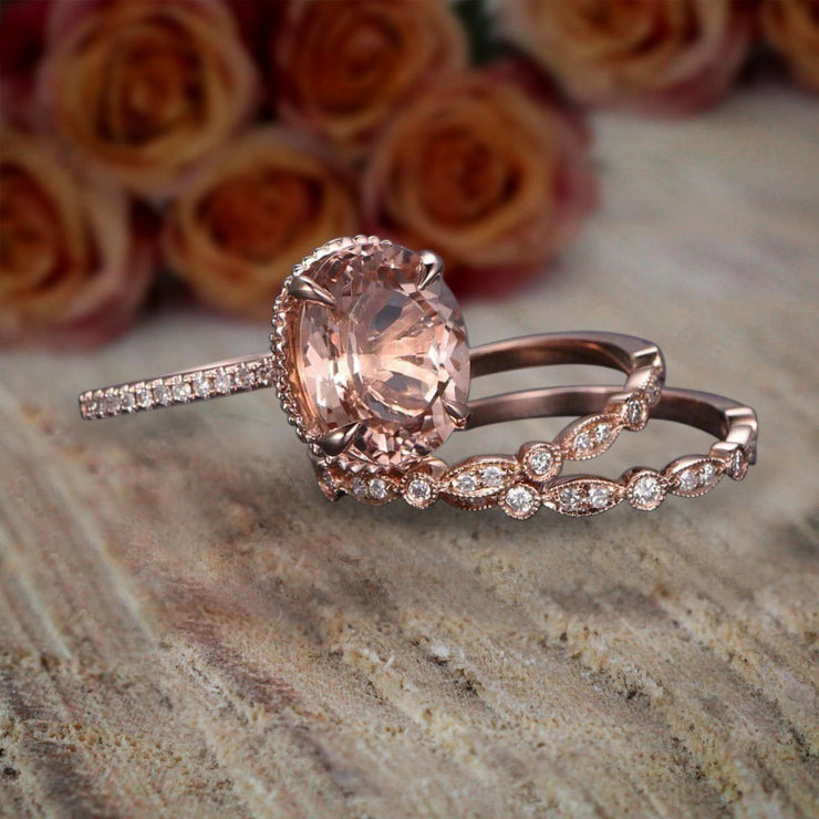2 carat Morganite Diamond Trio Ring Set with 1 Engagement Ring and 2 Wedding Bands