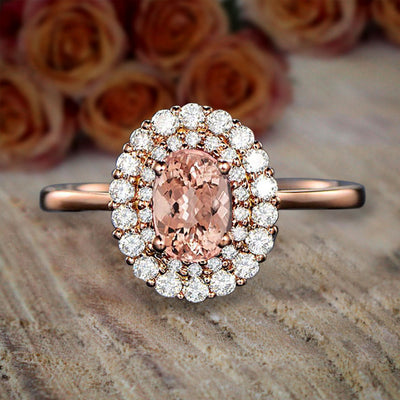 Limited Time Sale Double Halo 1.50 carat Morganite and Diamond Engagement Ring in 10k Rose Gold