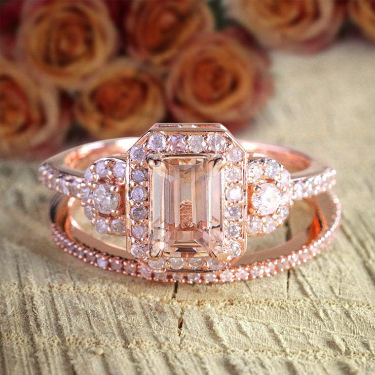 Huge Sale 1.50 carat Morganite and Diamond Halo Bridal Wedding Ring Set in Rose Gold Designer Style