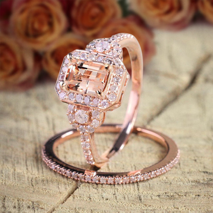 Huge Sale 1.50 carat Morganite and Diamond Halo Bridal Wedding Ring Set Designer Style