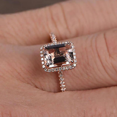 1.50 Carat Peach Pink Morganite (emerald cut Morganite) Diamond Halo Engagement Ring 