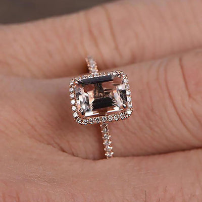 1.50 Carat Peach Pink Morganite (emerald cut Morganite) Diamond Halo Engagement Ring 10k Rose Gold