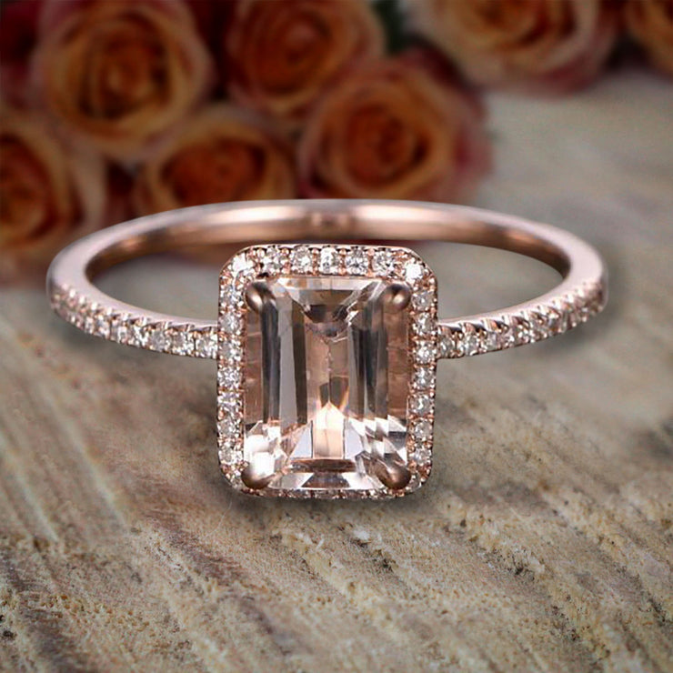 1.50 Carat Peach Pink Morganite (emerald cut Morganite) Diamond Halo Engagement Ring 10k Rose Gold