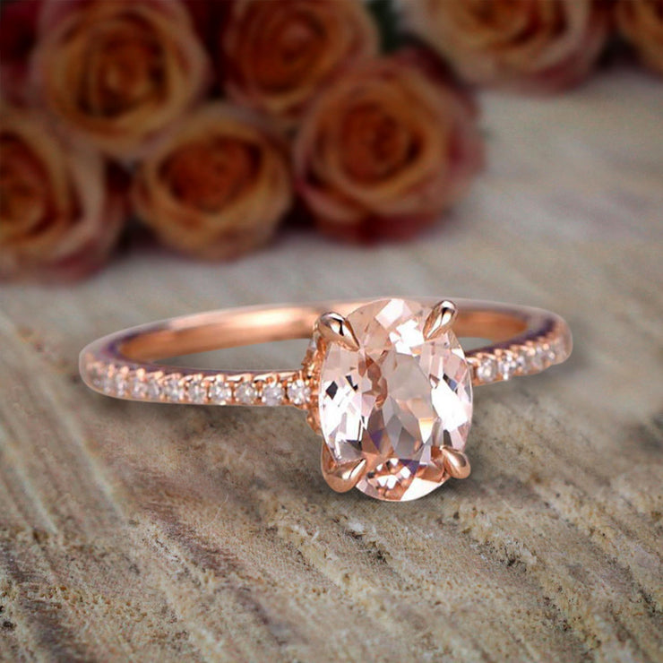 Desinger Classic 1.25 Carat Peach Pink Oval Cut Morganite and Diamond Engagement Ring 10k Rose Gold