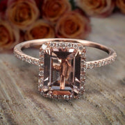 Unique Emerald Cut 1.50 Carat Peach Pink Morganite and Diamond Engagement Ring in 10k Rose Gold