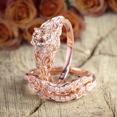 2 carat Morganite and Diamond Trio Ring Set in 10k Rose Gold, 1 Engagement Ring and 2 Wedding Bands