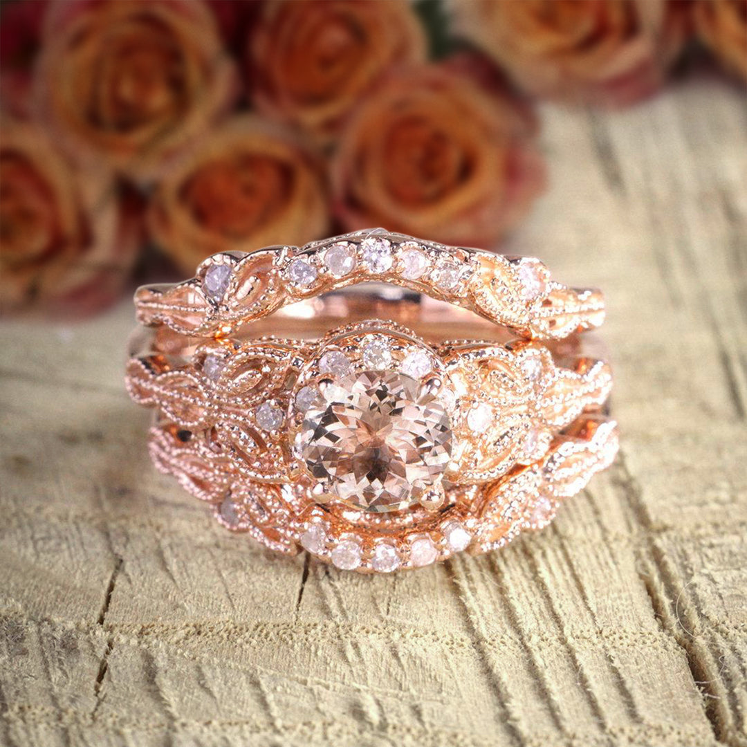 Unique Design 2 Carat Round Morganite And Diamond Moissanite Trio Ring agemz