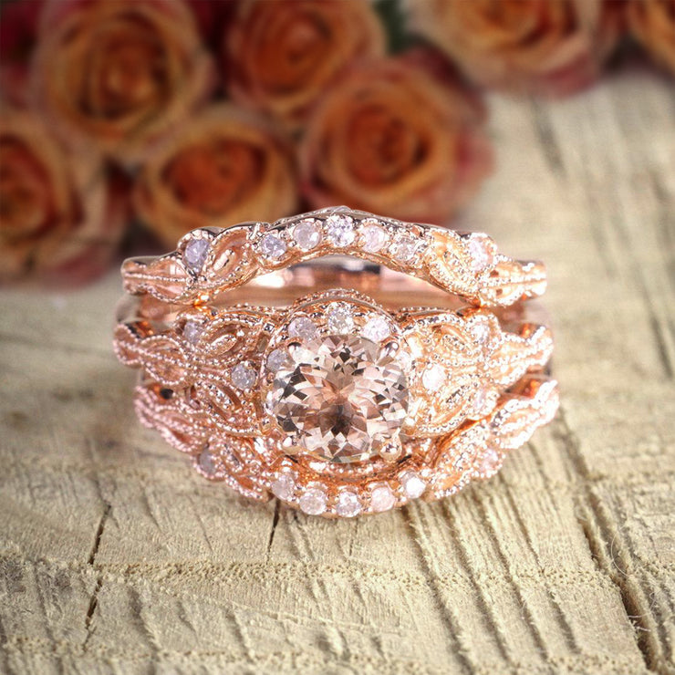 2 carat Morganite and Diamond Trio Ring Set in 10k Rose Gold, 1 Engagement Ring and 2 Wedding Bands