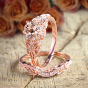 Limited Time Sale 1.50 carat Round Cut Morganite Diamond Halo Bridal Wedding Ring Set in Rose Gold