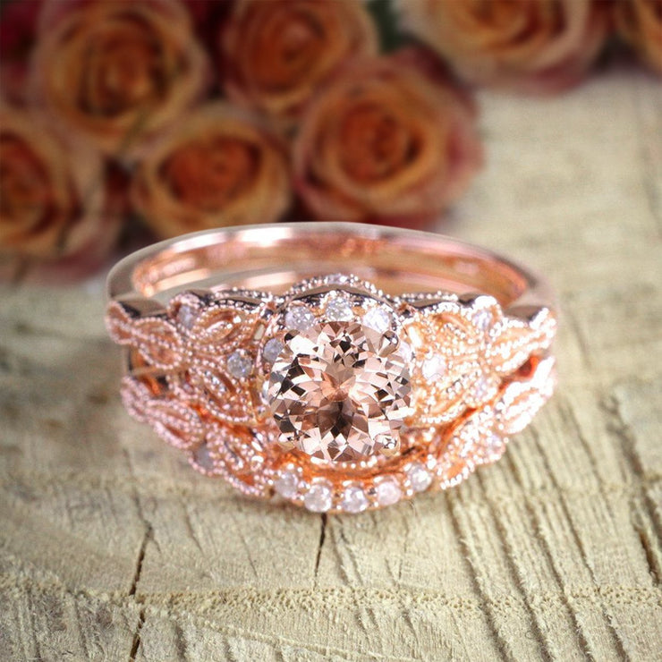 Limited Time Sale 1.50 carat Round Cut Morganite Diamond Halo Bridal Wedding Ring Set 
