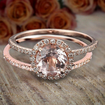 Limited Time Sale 1.50 carat Round Cut Morganite and Diamond Halo Bridal Wedding Ring Set 