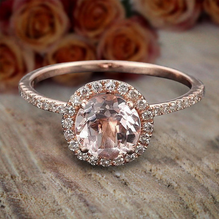 Limited Time Sale 1.50 carat Round Cut Morganite and Diamond Halo Bridal Wedding Ring Set Rose Gold
