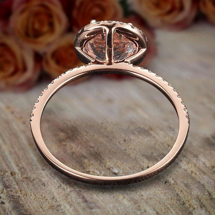 Limited Time Sale 1.50 carat Round Cut Morganite and Diamond Halo Bridal Wedding Ring Set Rose Gold
