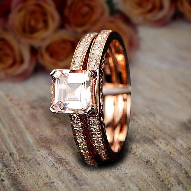 1.50 carat Princess Morganite and Diamond Bridal Wedding Ring Set Bestselling Design