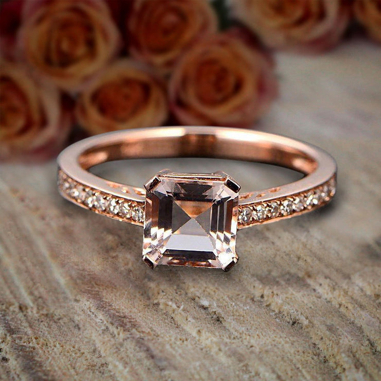 1.50 carat Princess Morganite and Diamond Bridal Wedding Ring Set Bestselling Design