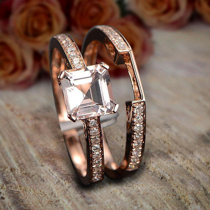 1.50 carat Princess Morganite and Diamond Bridal Wedding Ring Set in Rose Gold Bestselling Design 