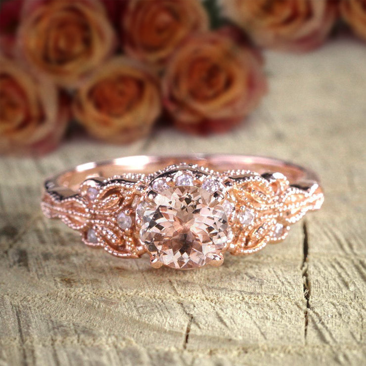 Round Cut 1.25 Carat Peach Pink Morganite Diamond Engagement Ring 10k Rose Gold Jewelry