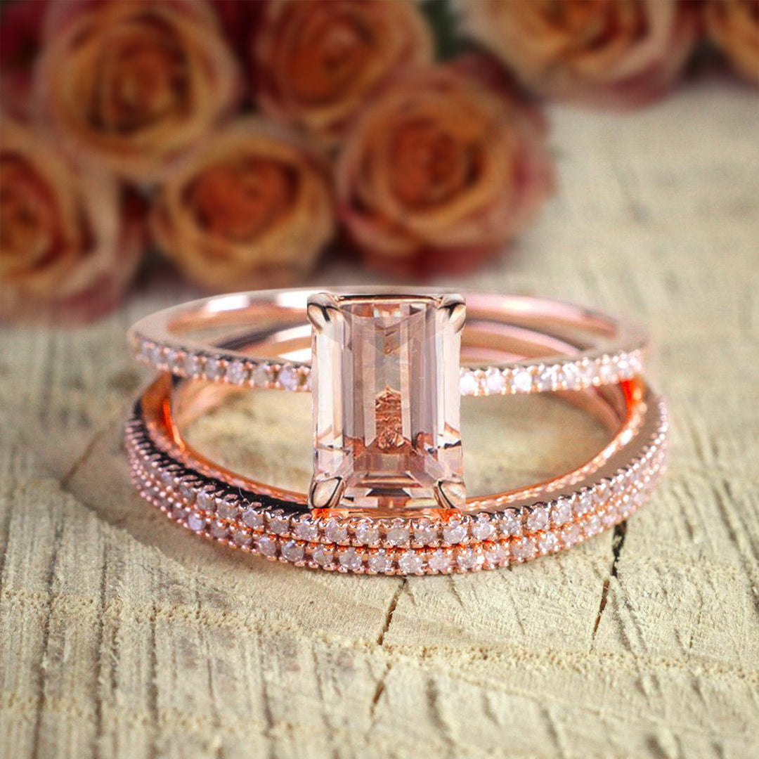 On Sale 2 Carat Emerald Cut Morganite And Diamond Moissanite 3 Rings S agemz