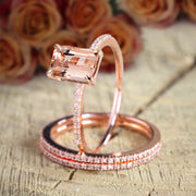 Sale 2 carat Morganite and Diamond 3 Rings Set 10k Rose Gold, 1 Engagement Ring and 2 Wedding Bands