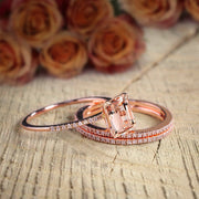 Sale 2 carat Morganite and Diamond 3 Rings Set 10k Rose Gold, 1 Engagement Ring and 2 Wedding Bands