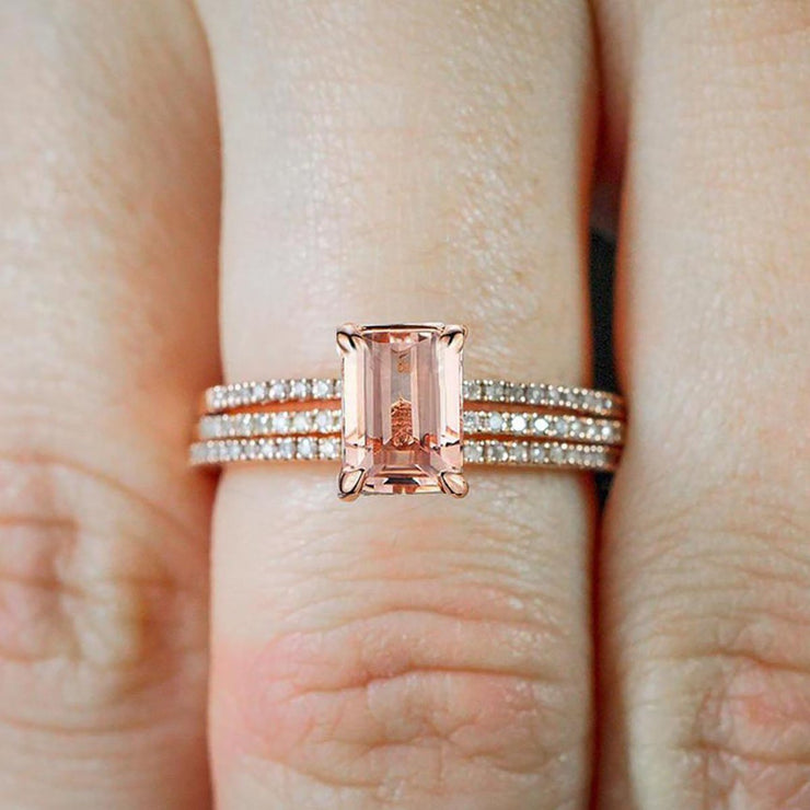Sale 2 carat Morganite and Diamond 3 Rings Set , 1 Engagement Ring and 2 Wedding Bands