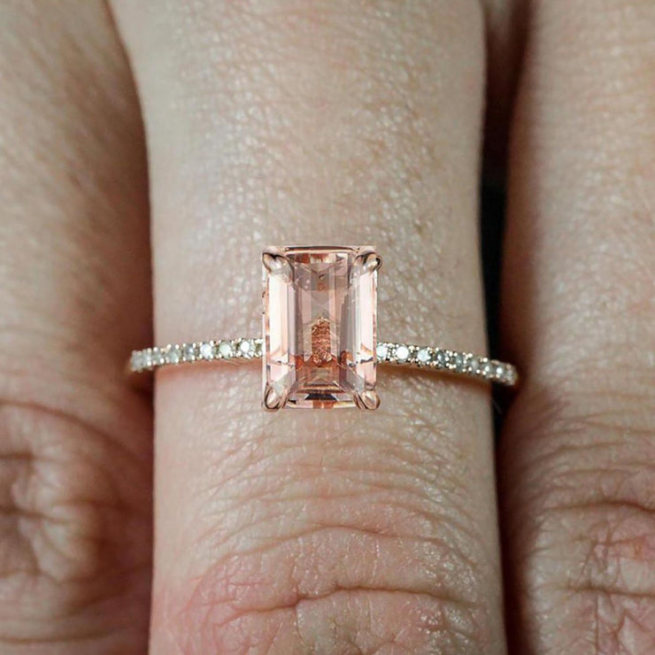 1.50 Carat Peach Pink Morganite (emerald cut Morganite) and Diamond Engagement Ring 