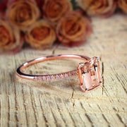 1.50 Carat Peach Pink Morganite (emerald cut Morganite) and Diamond Engagement Ring in 10k Rose Gold