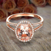 Limited Time Sale 1.50 carat Oval Cut Morganite and Diamond Halo Engagement Ring 
