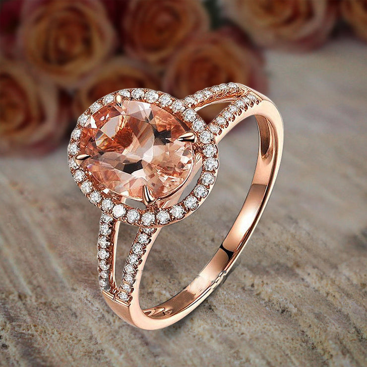Limited Time Sale 1.50 carat Oval Cut Morganite and Diamond Halo Engagement Ring in 10k Rose Gold