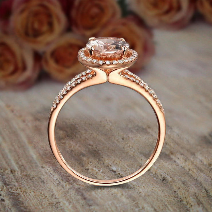 Limited Time Sale 1.50 carat Oval Cut Morganite and Diamond Halo Engagement Ring in 10k Rose Gold