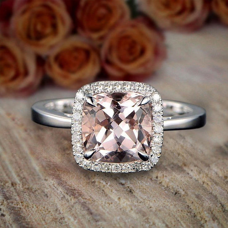 1.25 Carat Cushion Cut Peach Pink Morganite and Diamond Halo Engagement Ring on Sale